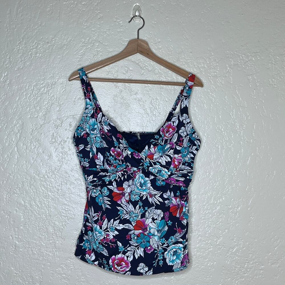 Lands End Tankini Top 16P Navy Floral Shirred Adjustable Straps Swim Women Plus